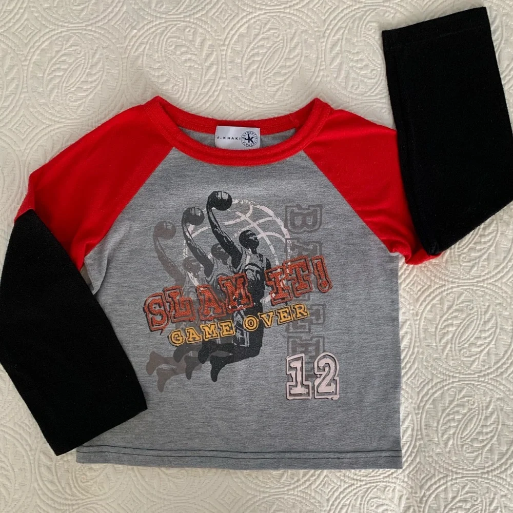 J Khaki Pajama Set Boys XS (4/5) Red Black 3 Pieces Top Pants Shorts Basketball